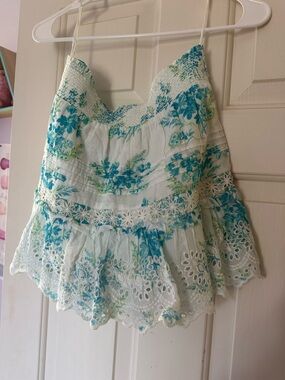 LoveShackFancy White with Blue Floral Trim Smocked Skirt